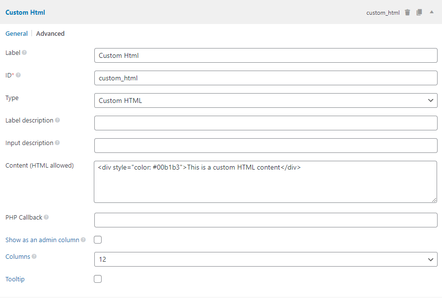 The custom html field settings