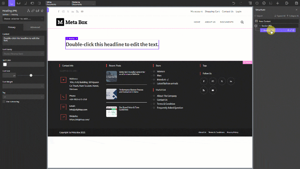 To get the title of the page automatically, add a Heading component, then click Insert Data, Post, Title to connect it with the title of the page