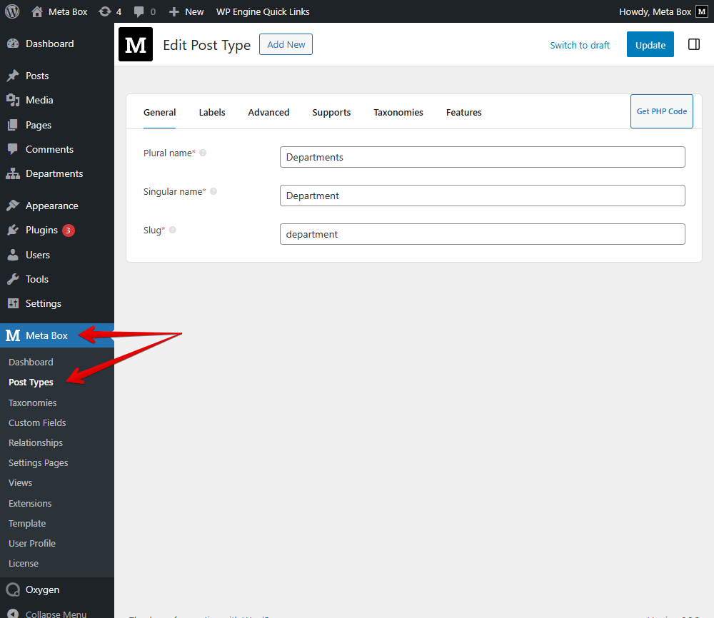 Go to Meta Box and create a new post type for the Departments