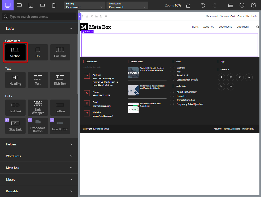 select a Section component to contain all of the page content