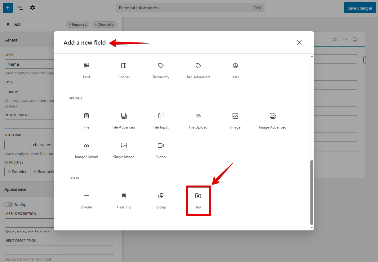Adding a tab field