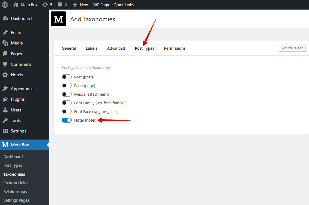 Assign the custom taxonomy that we’ve created to that post type.