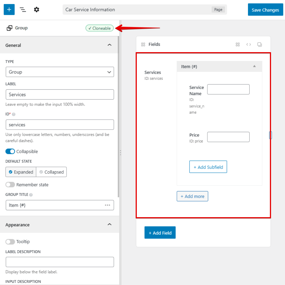 This is a group with 2 subfields inside. I also set this group as cloneable to have more spaces to add different services information