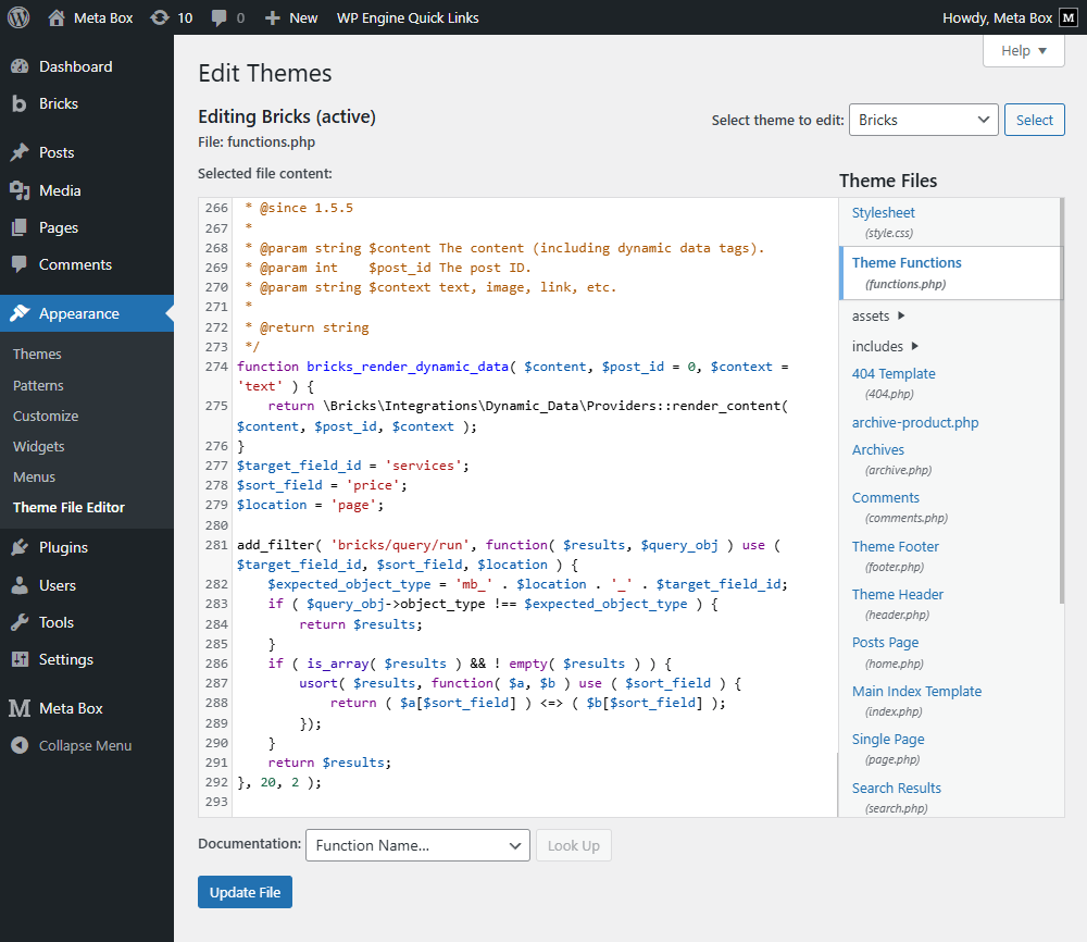Now, go to Appearance > Theme File Editor to add some code functions