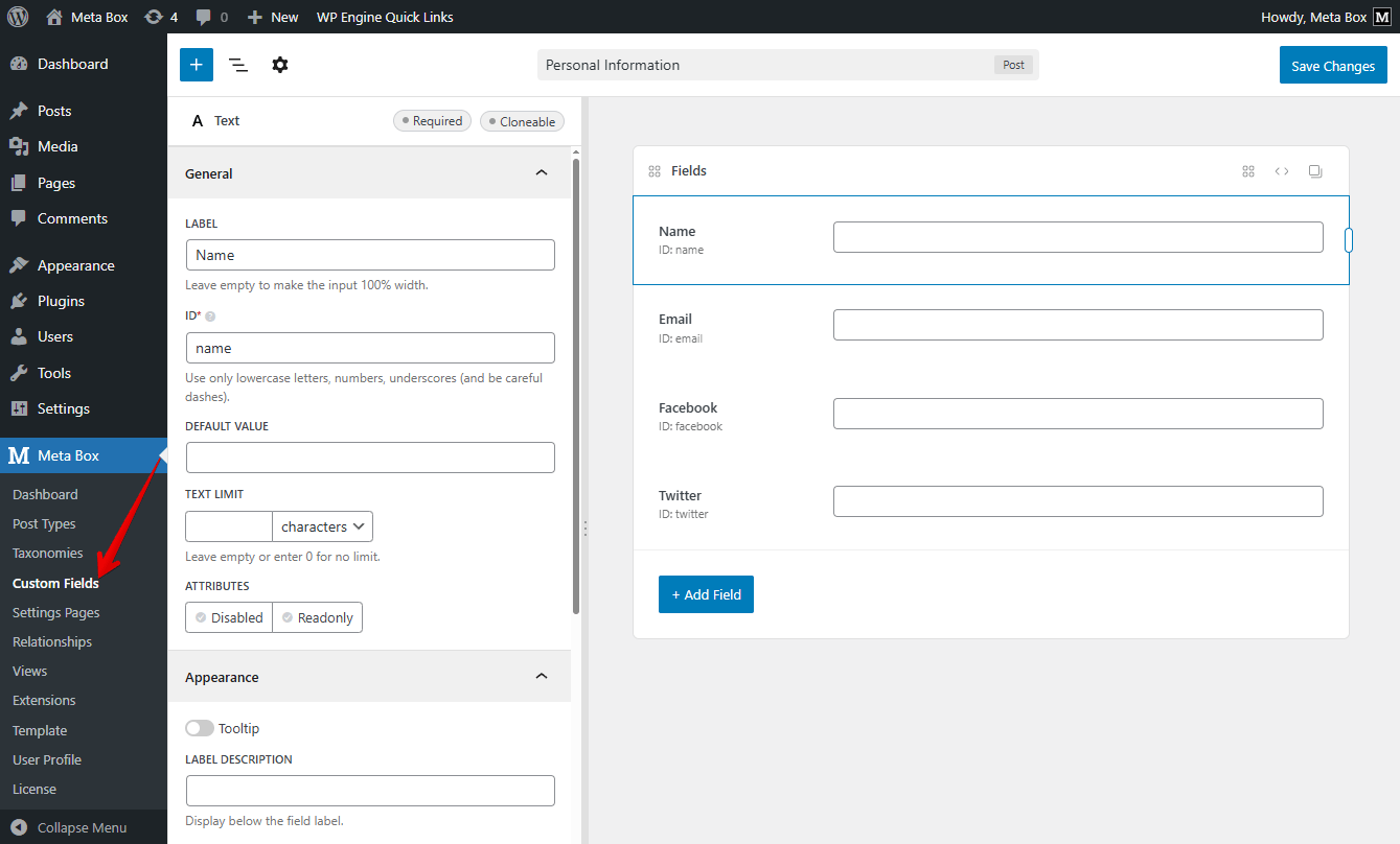 Creating a field group with some custom fields