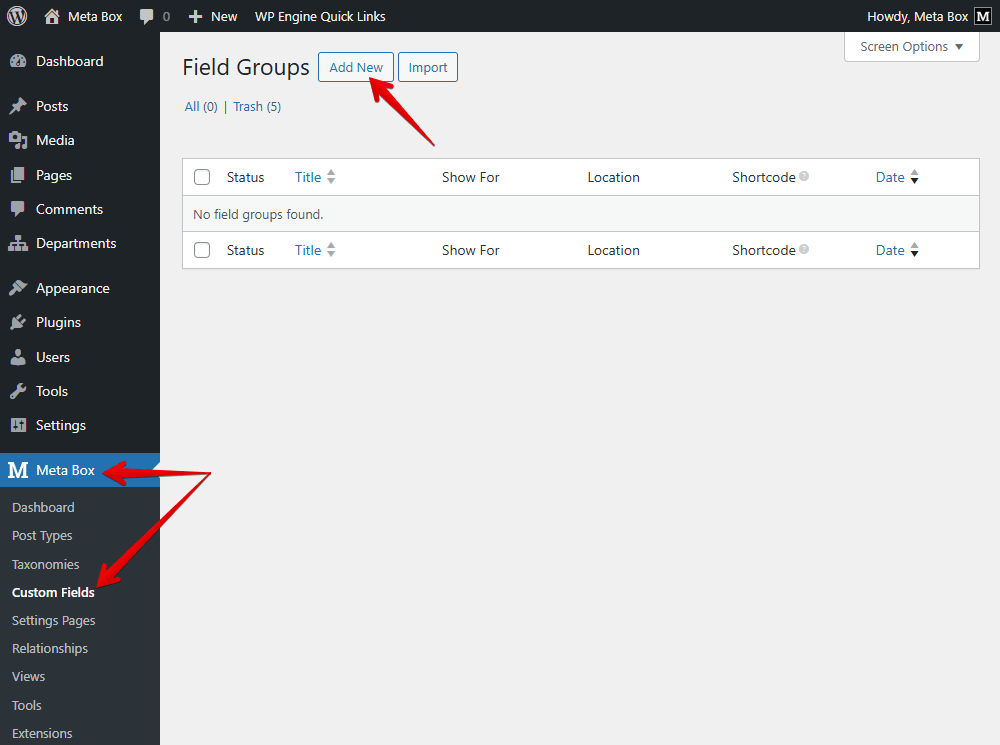 Navigate to Meta Box, Custom Fields and create a new field group