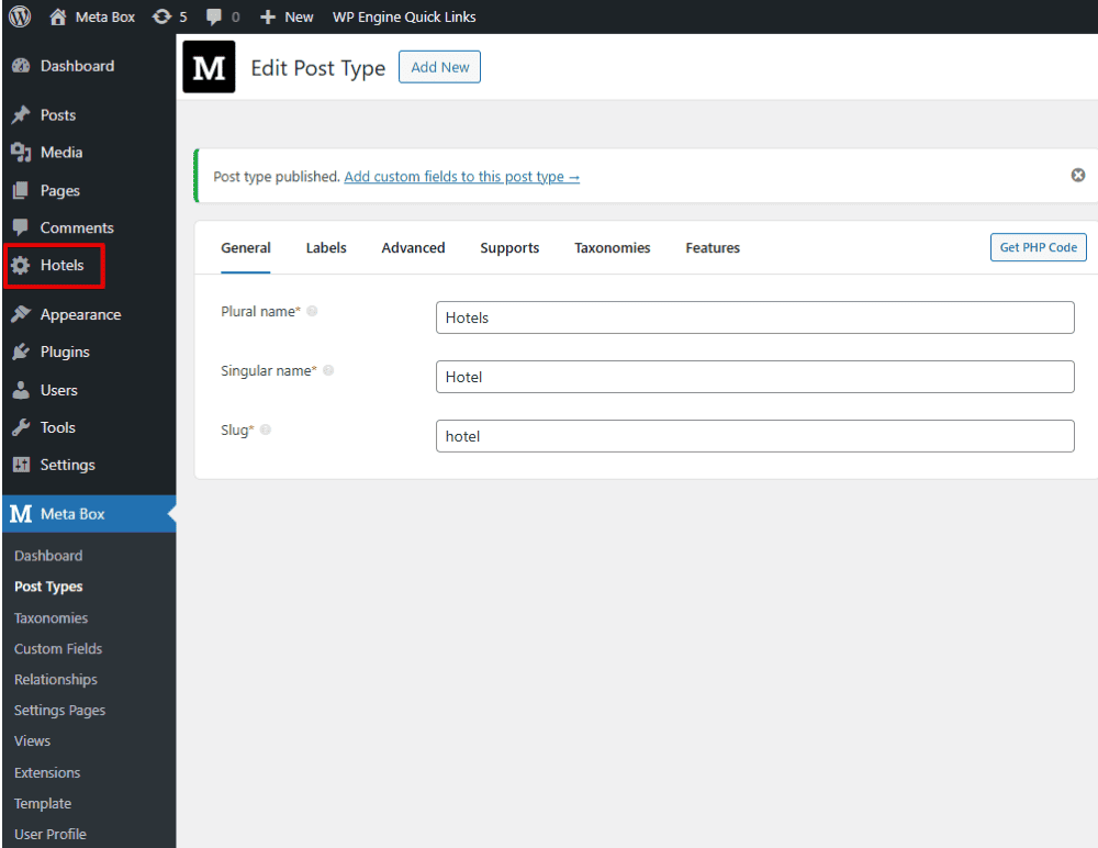 The created custom post type in the menu dashboard