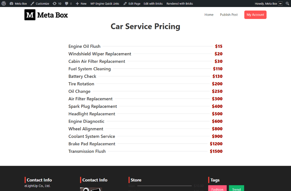I created a car services pricing as an example