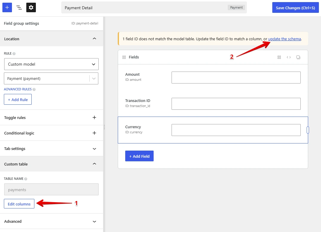 Edit column for the model database table