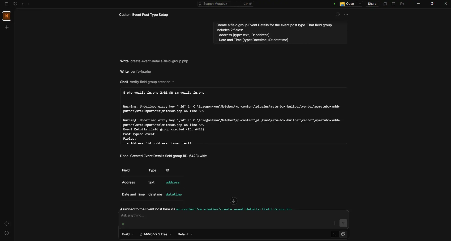Prompt to create a field group with an AI agent