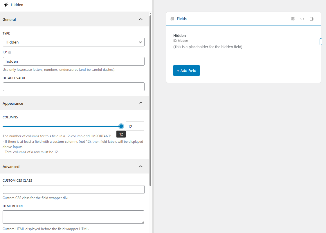 The hidden field settings