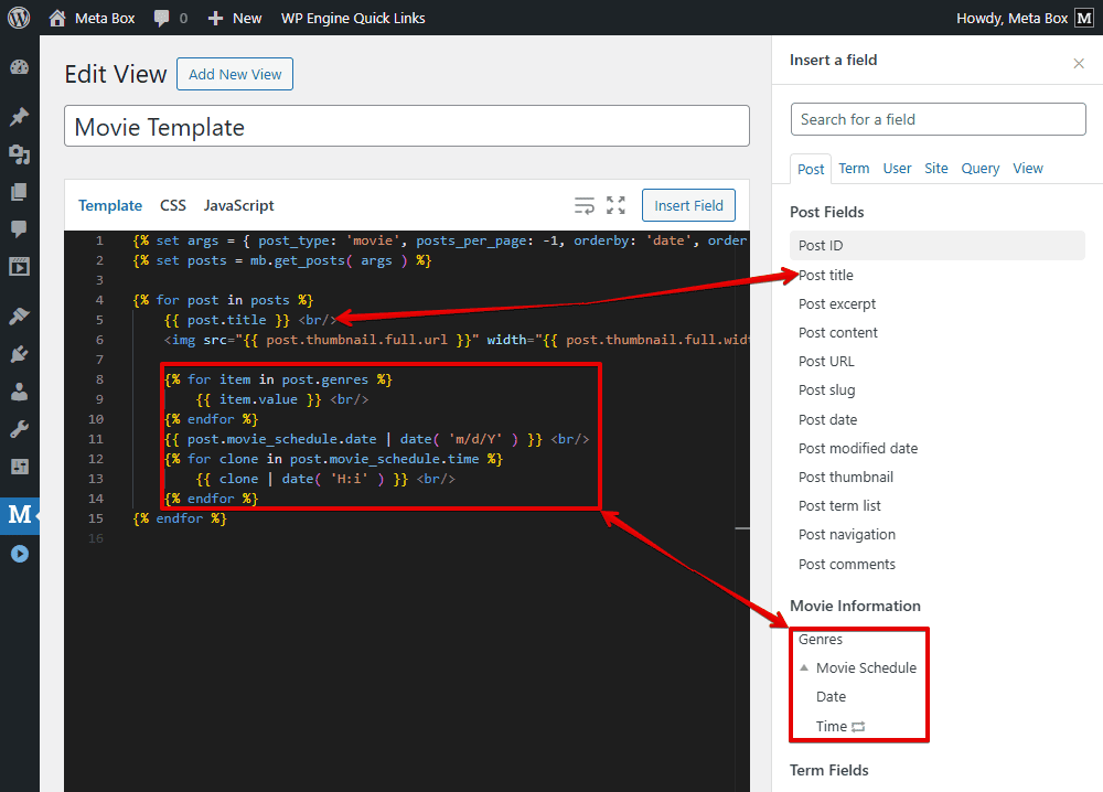 Insert fields in the template with view