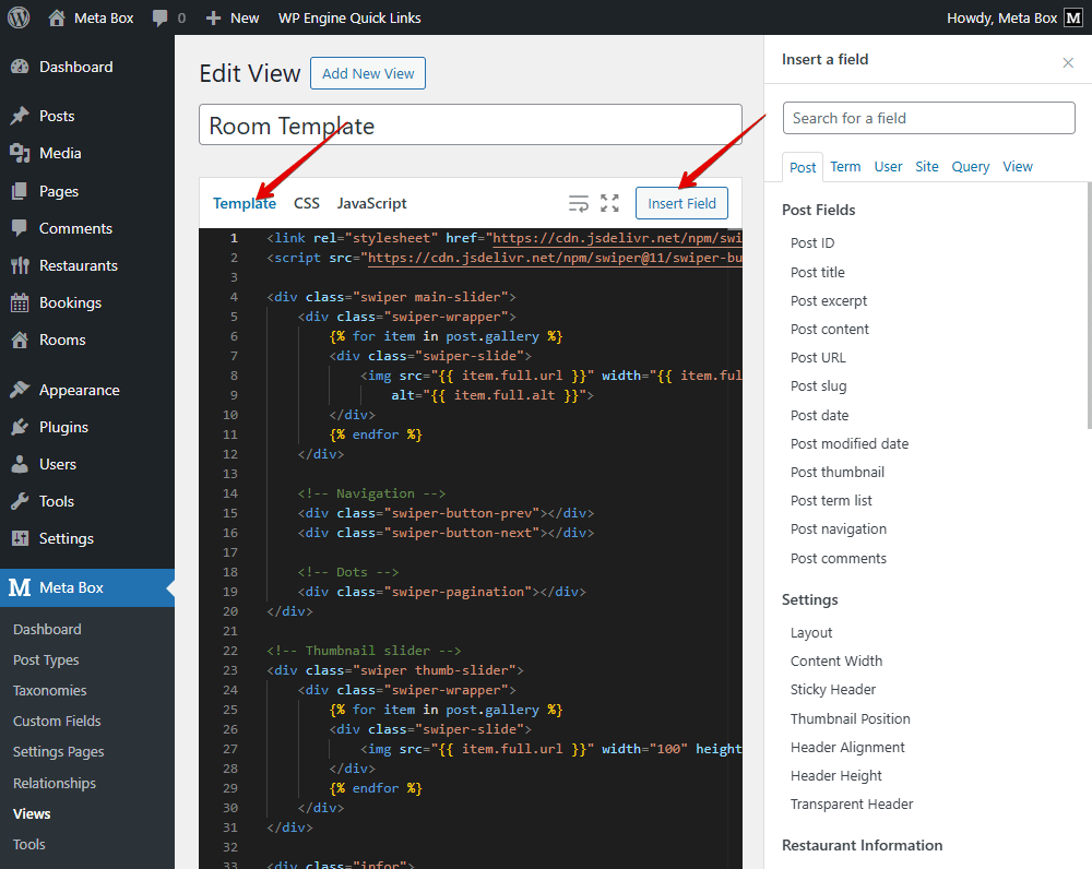 insert filed and add code to template