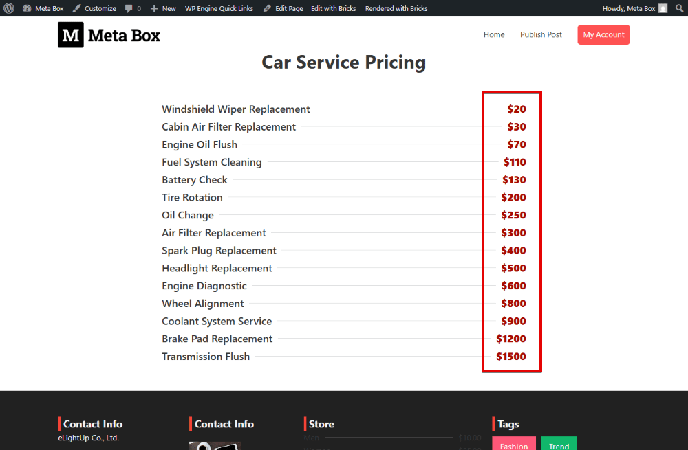 Here is the front-end page after I sorted items by value