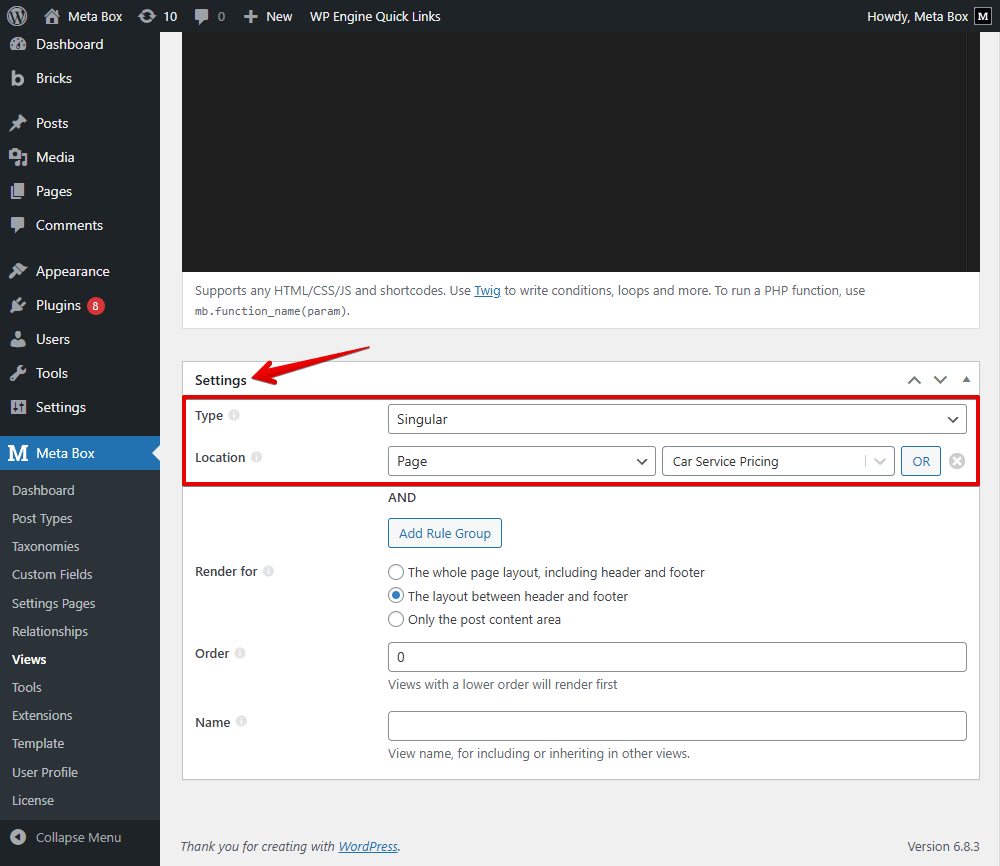 After inserting all the fields you need, scroll down to the Settings section, choose the type of the template as Singular, set the Location as Page, then select your page you created for the car service pricing listing
