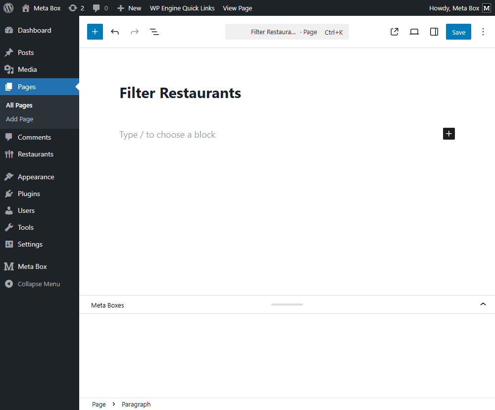 First, create a new page for the restaurant listing