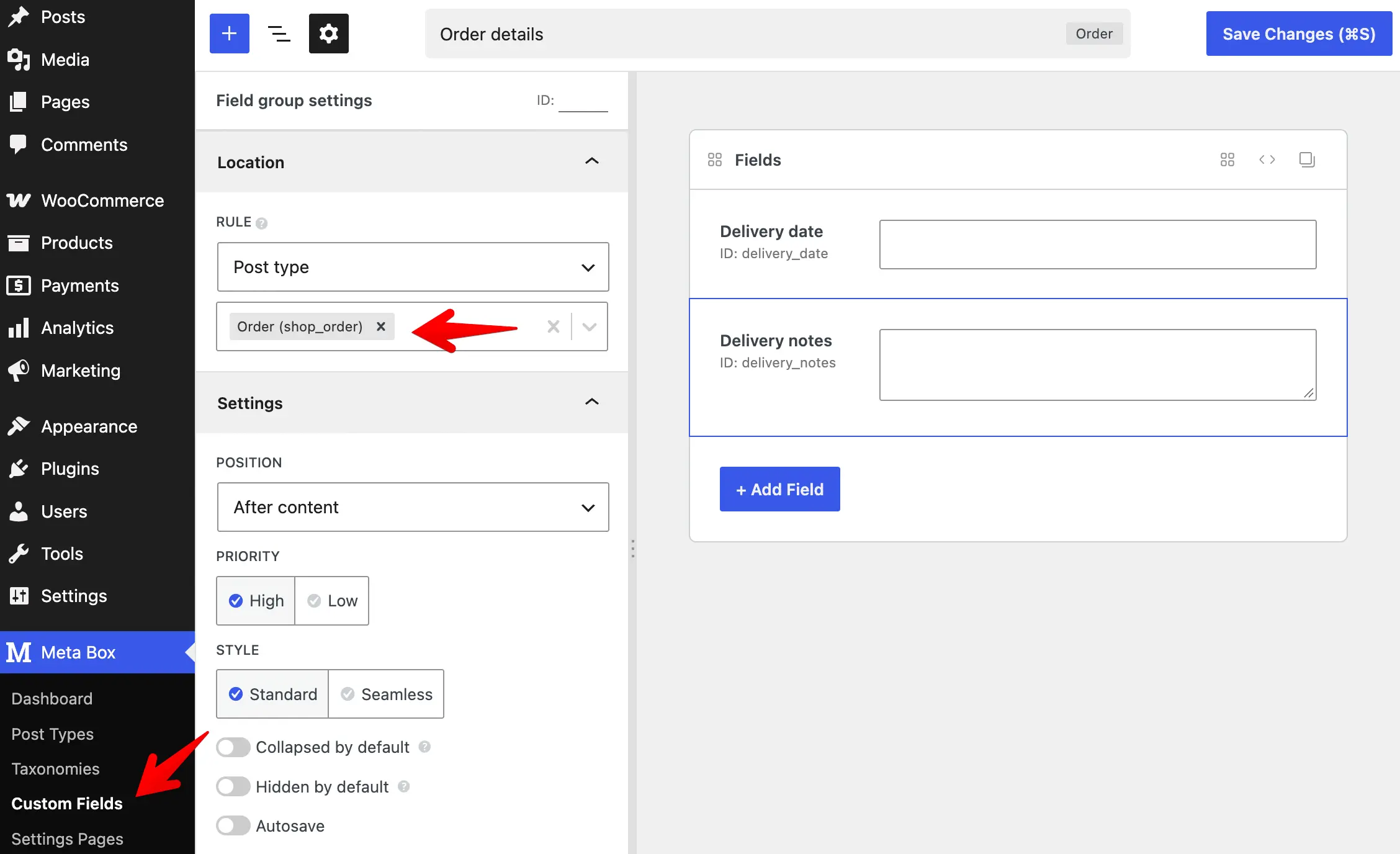 Create a field group for orders
