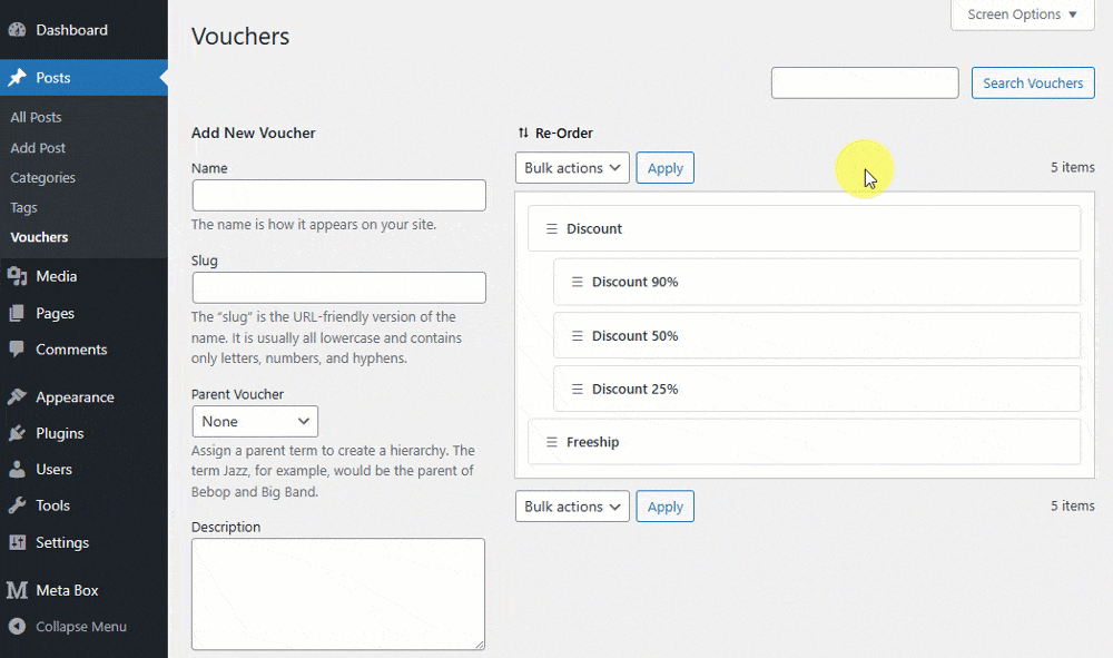 Drag and drop terms to reorder