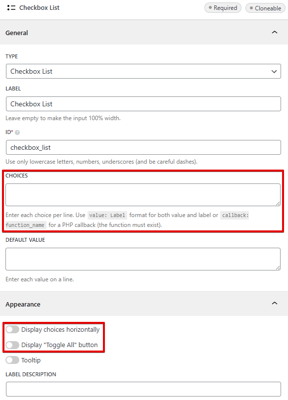 specific settings of the field