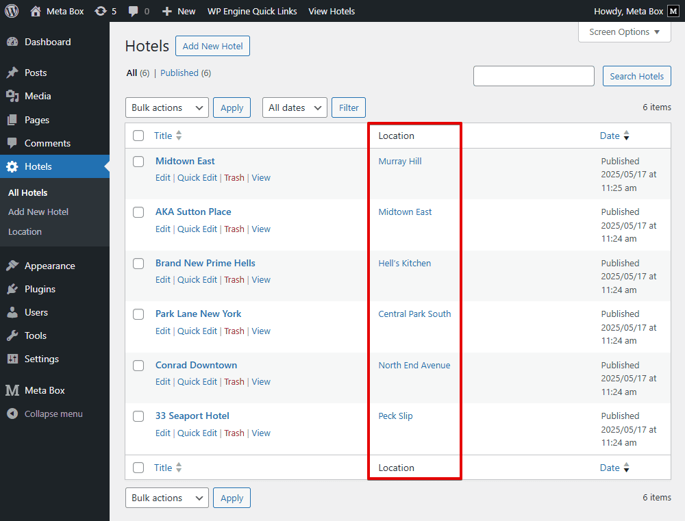 The location as well as the taxonomy also display in the admin dashboard. 