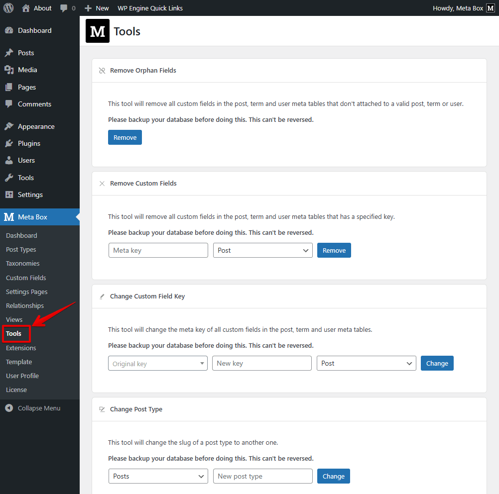 Interface of Meta Box tools