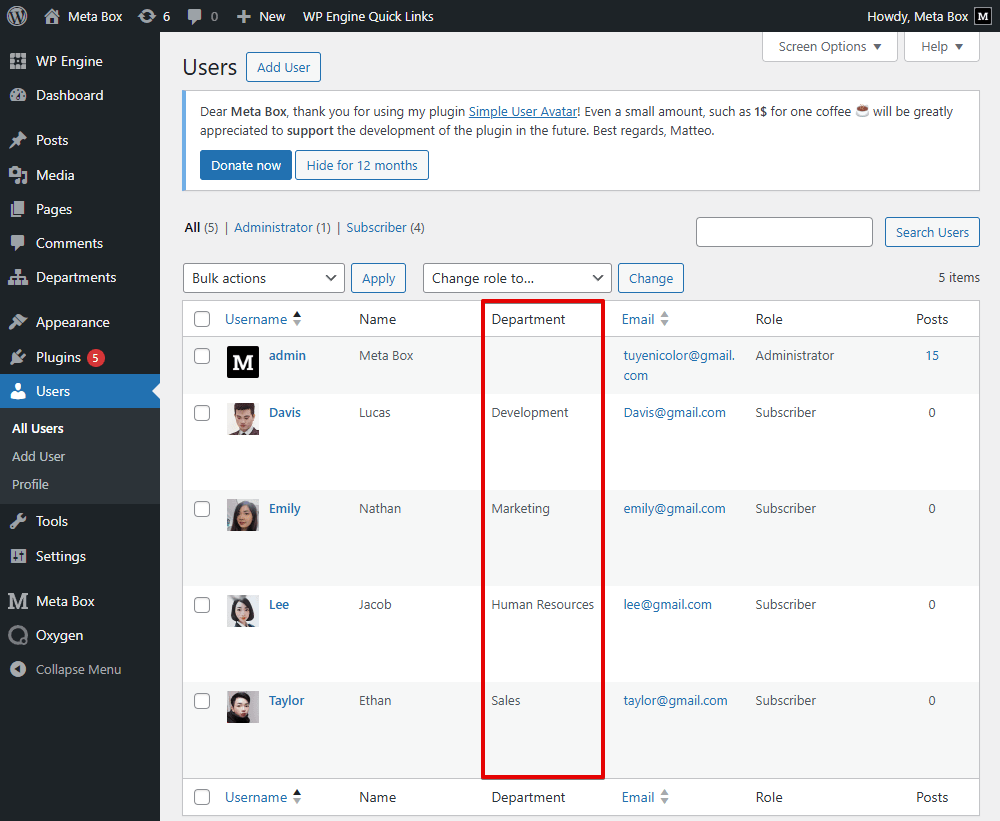 After updating, you can see users with related work departments in the dashboard like this