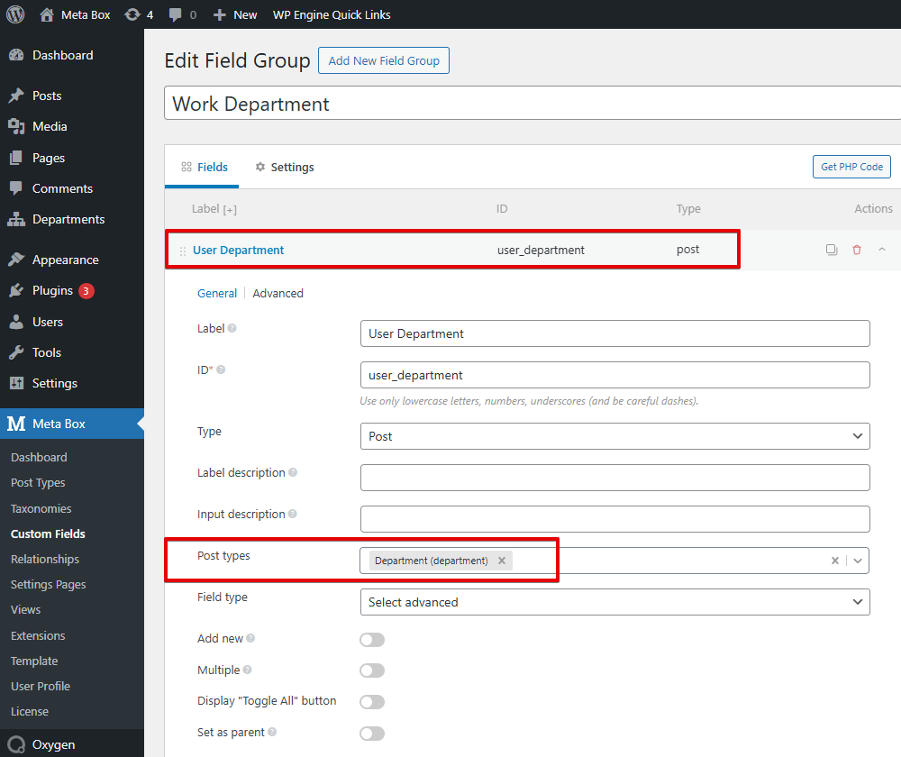 For the user department, choose the Post field type, then choose Post type as Department