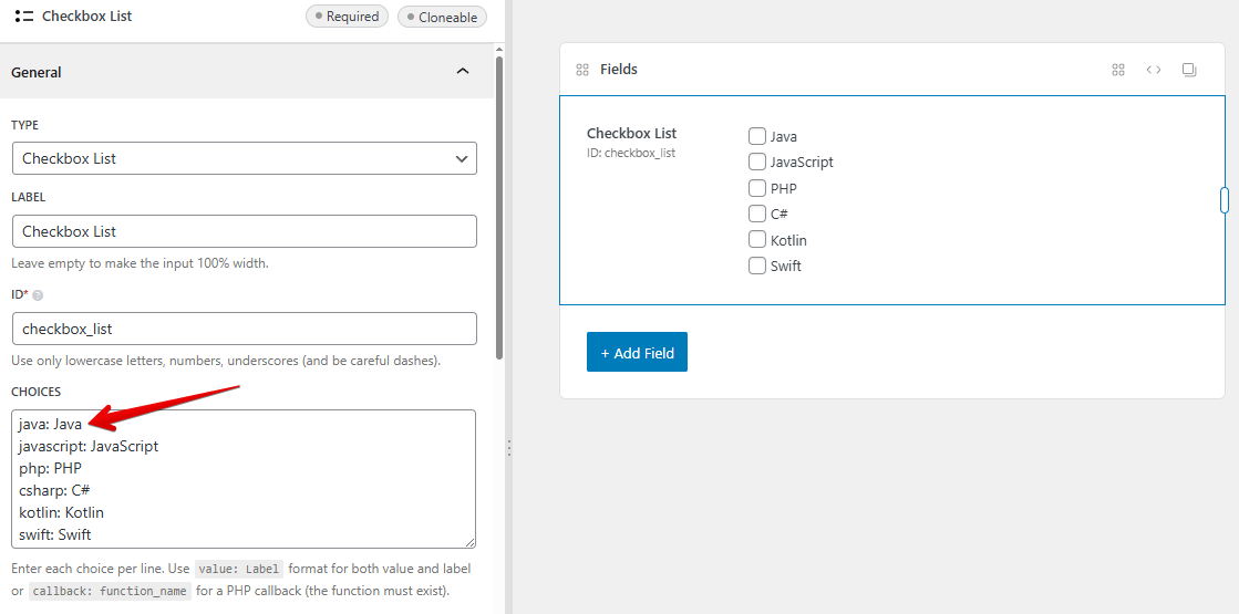 the field with settings and options