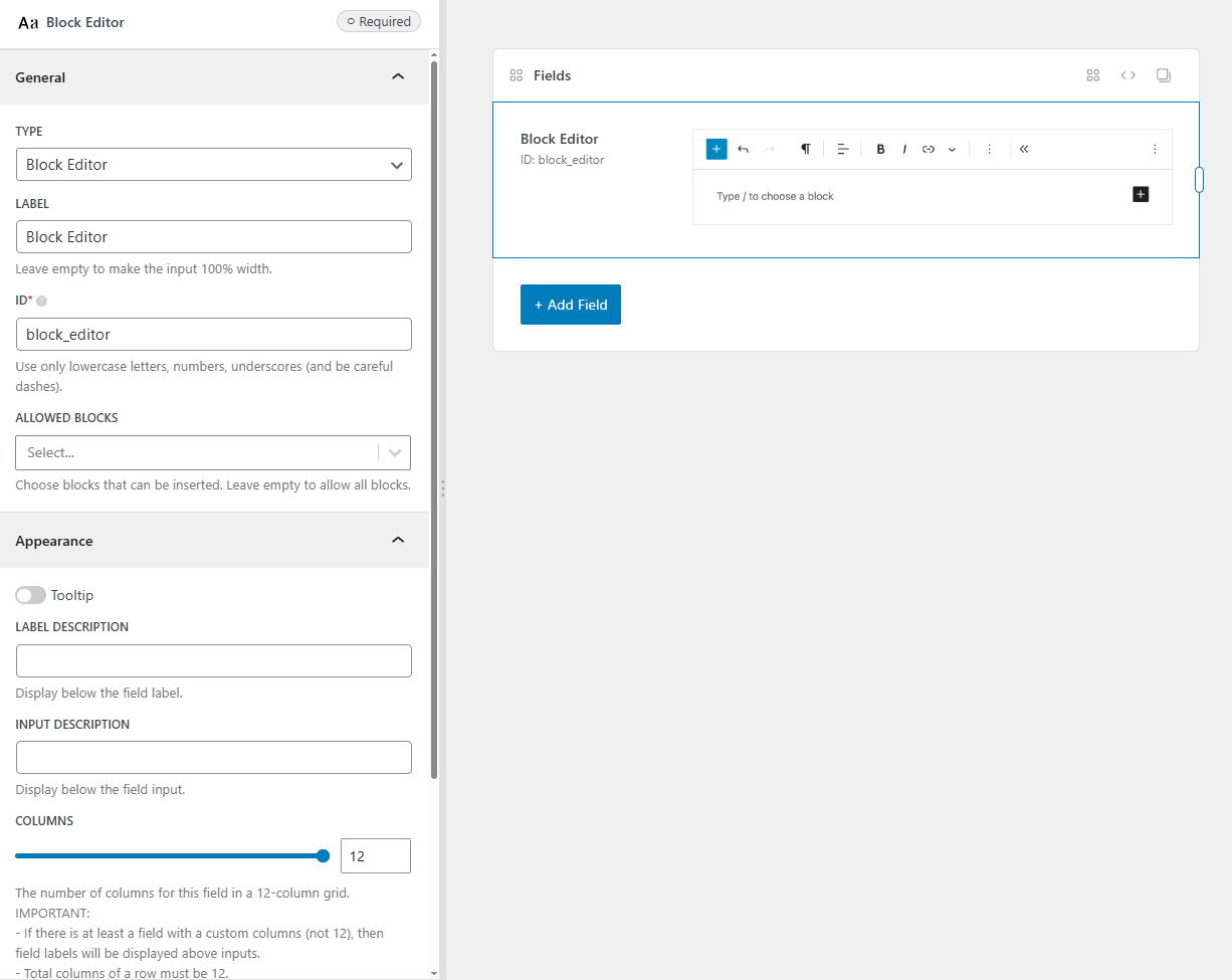 The block editor field settings