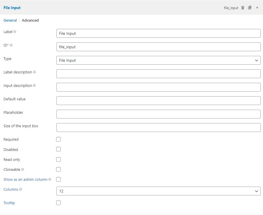 The file input field settings