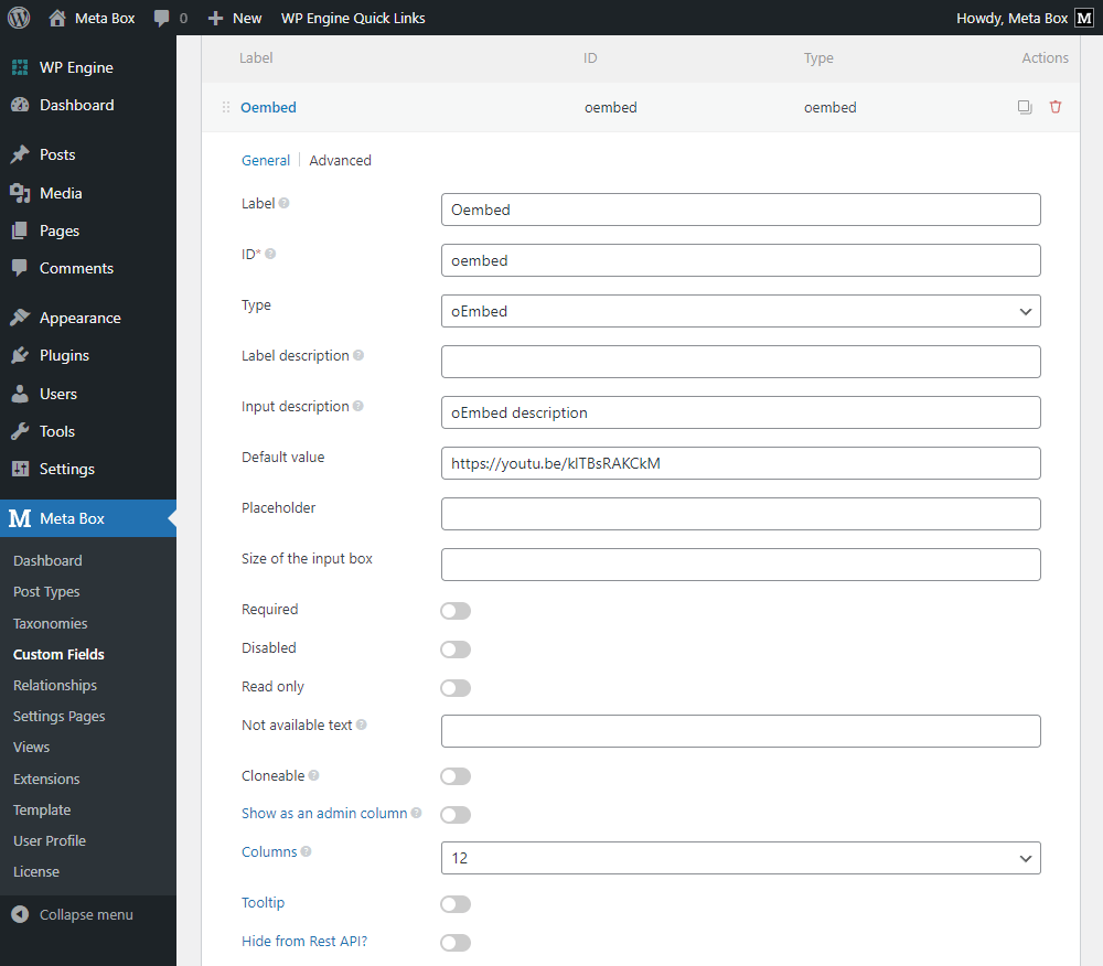 The oEmbed field settings